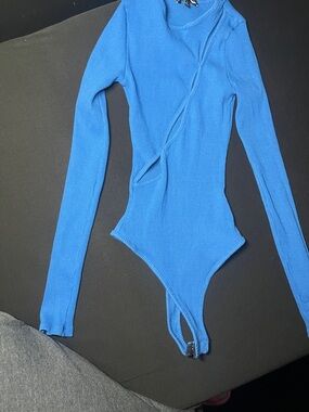 Fashion Nova Blue Ribbed Long-Sleeve Bodysuit